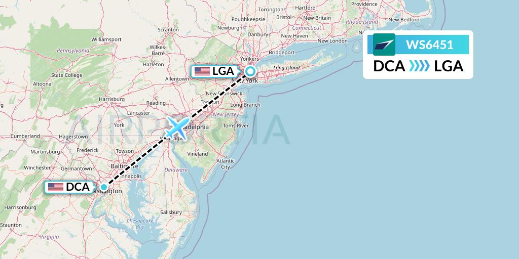 WS6451 WestJet Flight Map: Washington to New York
