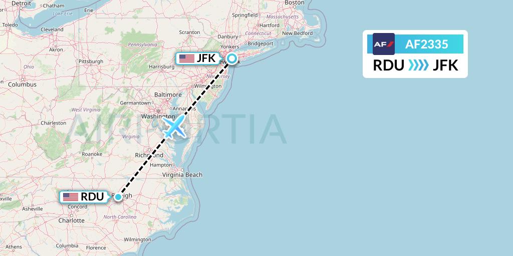 AF2335 Air France Flight Map: Raleigh-Durham to New York