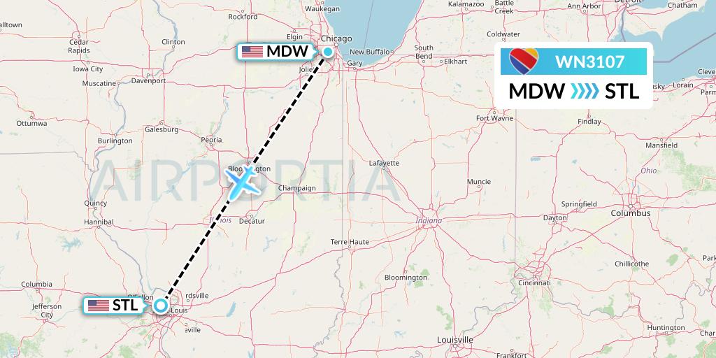 WN3107 Southwest Airlines Flight Map: Chicago to St. Louis