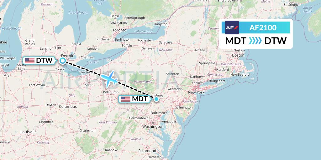 AF2100 Air France Flight Map: Harrisburg to Detroit