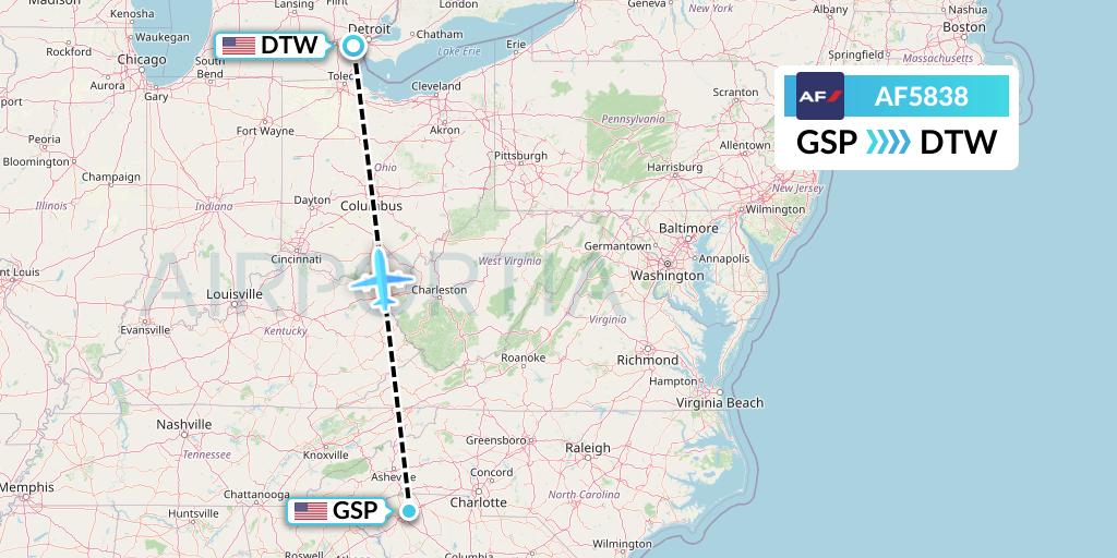 AF5838 Air France Flight Map: Greenville-Spartanburg to Detroit