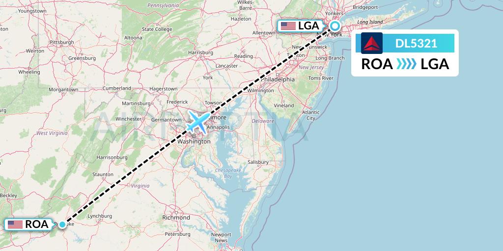DL5321 Delta Air Lines Flight Map: Roanoke to New York