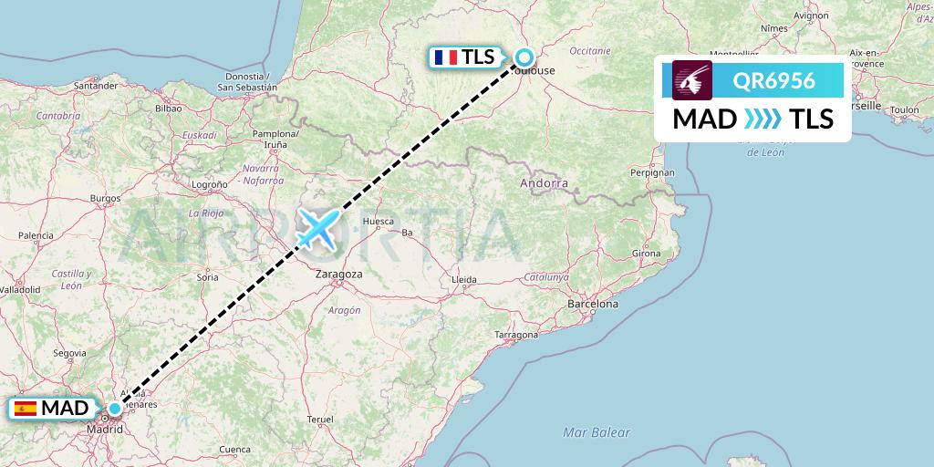 QR6956 Qatar Airways Flight Map: Madrid to Toulouse