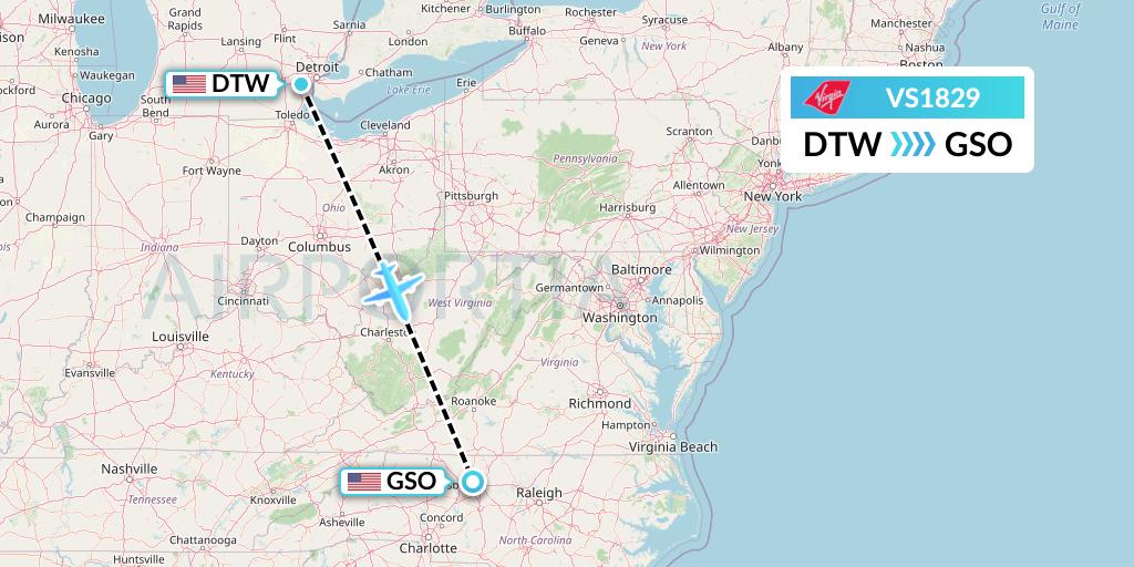 VS1829 Virgin Atlantic Airways Flight Map: Detroit to Greensboro