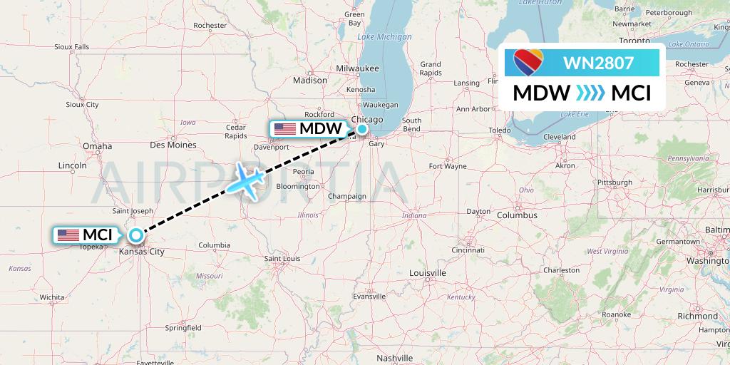 WN2807 Southwest Airlines Flight Map: Chicago to Kansas City