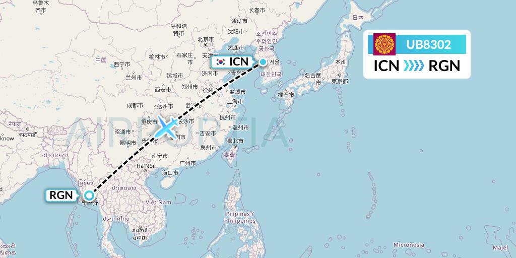 UB8302 Myanmar National Airlines Flight Map: Seoul to Yangon