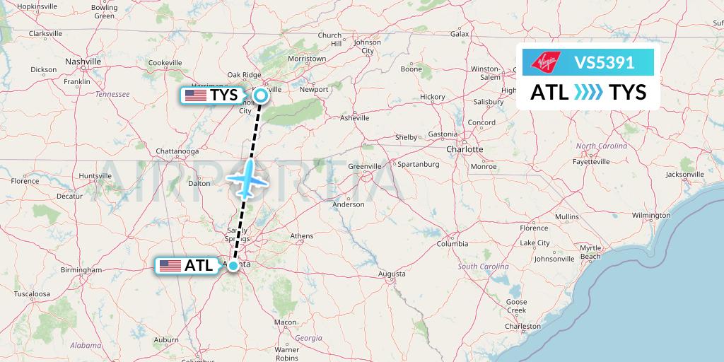 VS5391 Virgin Atlantic Airways Flight Map: Atlanta to Knoxville