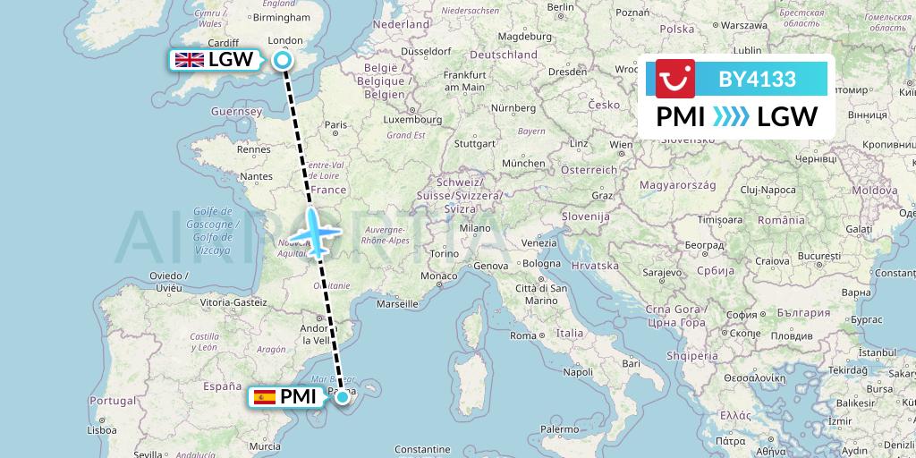 BY4133 TUI Airways Flight Map: Palma de Mallorca to London