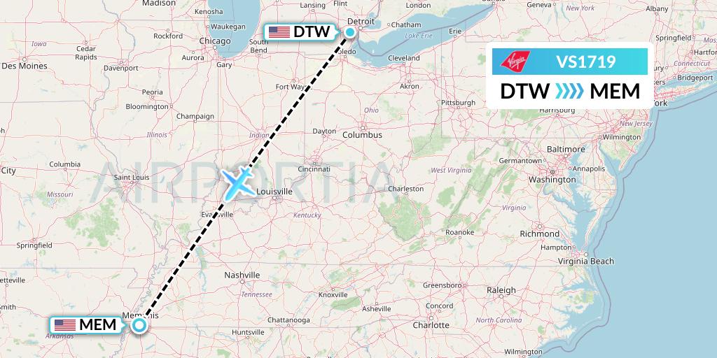 VS1719 Virgin Atlantic Airways Flight Map: Detroit to Memphis