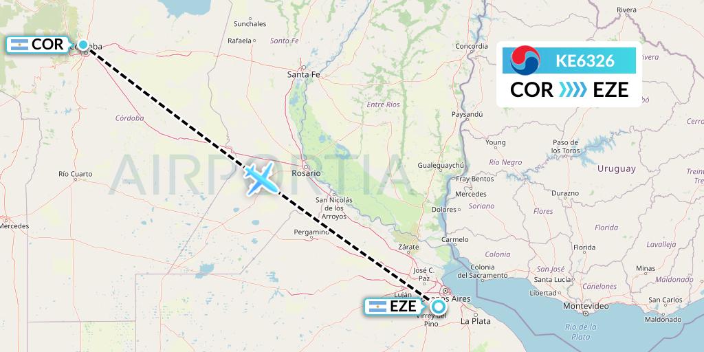 KE6326 Korean Air Flight Map: Cordoba to Buenos Aires
