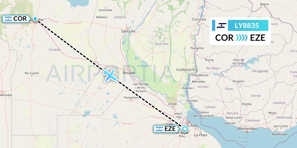 LY8835 El Al Flight Map: Cordoba to Buenos Aires