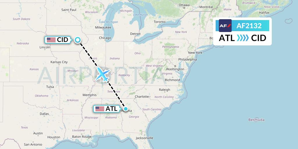 AF2132 Air France Flight Map: Atlanta to Cedar Rapids