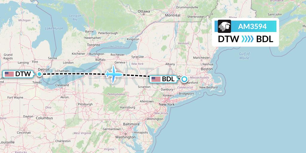 AM3594 Aeromexico Flight Map: Detroit to Windsor Locks