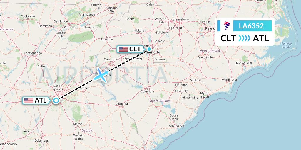 LA6352 LAN Airlines Flight Map: Charlotte to Atlanta