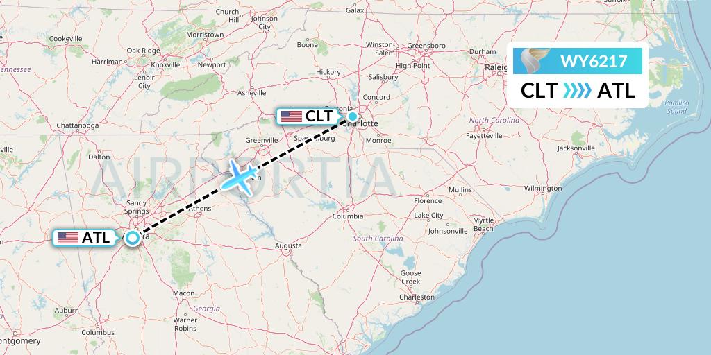 WY6217 Oman Air Flight Map: Charlotte to Atlanta