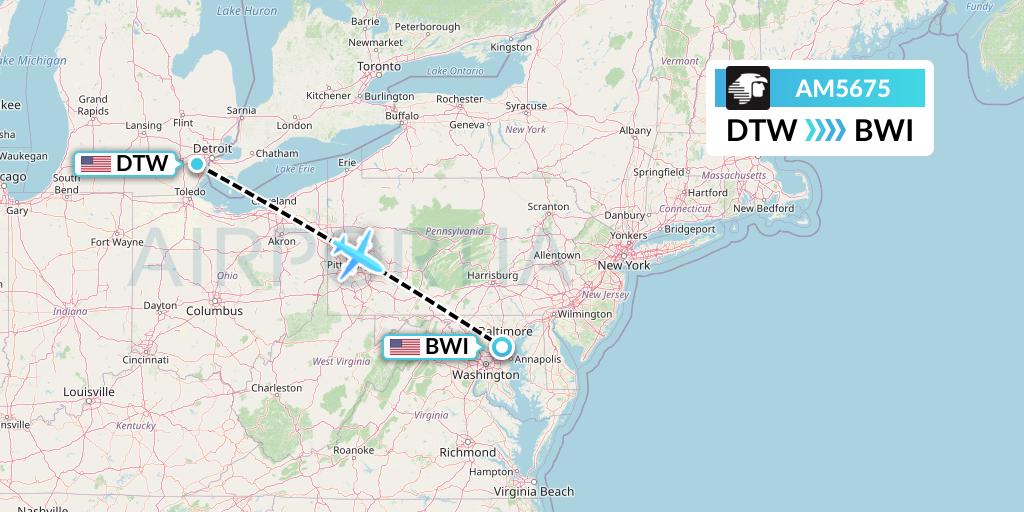 AM5675 Aeromexico Flight Map: Detroit to Baltimore