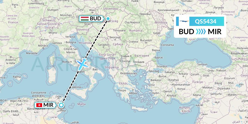 QS5434 Smartwings Flight Map: Budapest to Monastir