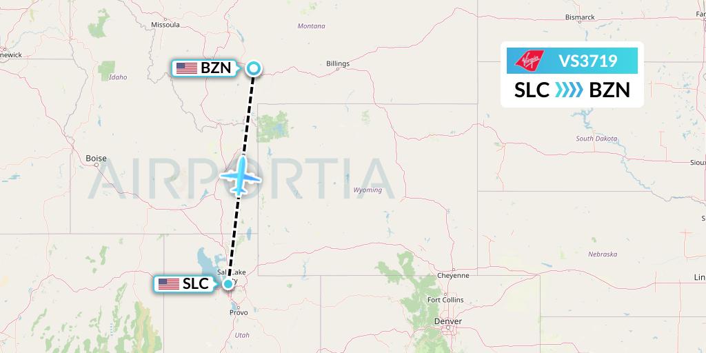 VS3719 Virgin Atlantic Airways Flight Map: Salt Lake City to Bozeman