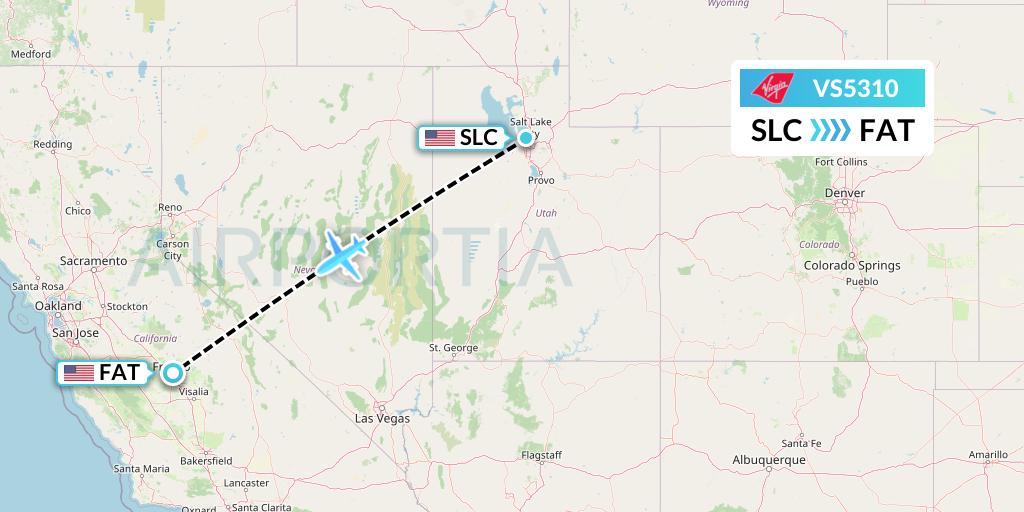 VS5310 Virgin Atlantic Airways Flight Map: Salt Lake City to Fresno