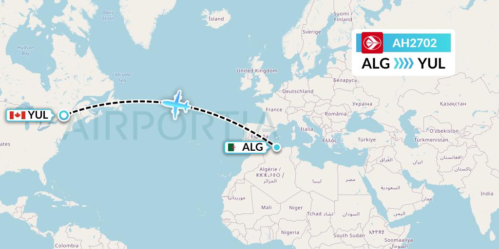AH2702 Air Algerie Flight Map: Algiers to Montreal