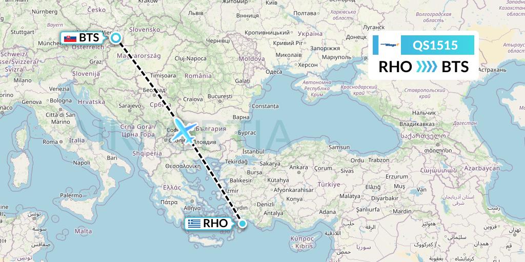 QS1515 Smartwings Flight Map: Rhodes to Bratislava