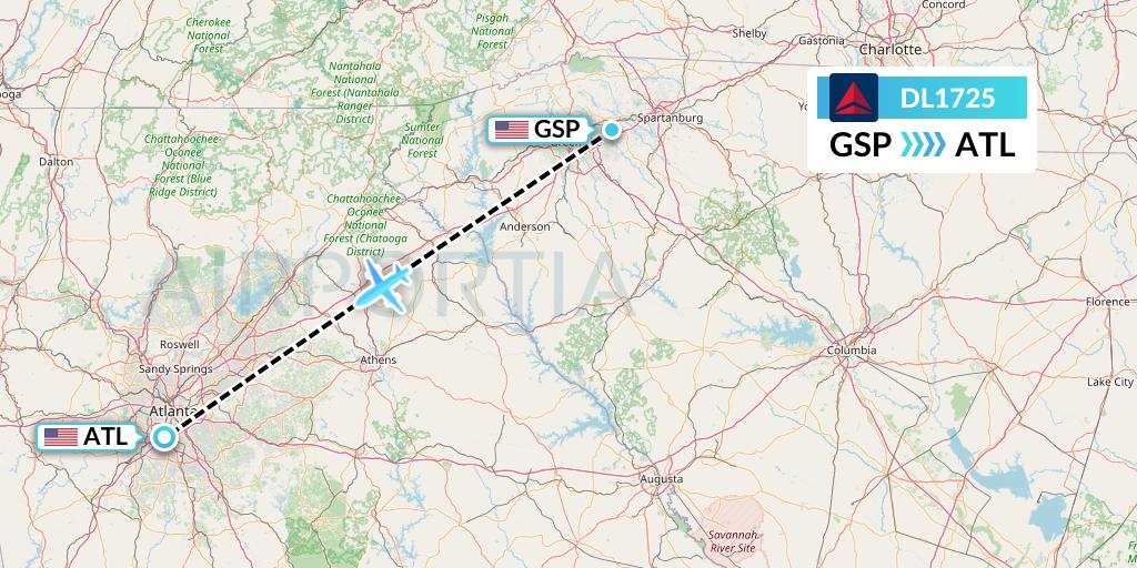 DL1725 Delta Air Lines Flight Map: Greenville-Spartanburg to Atlanta