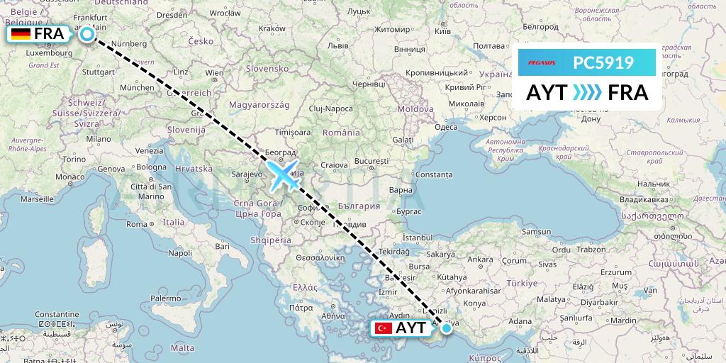 PC5919 Pegasus Airlines Flight Map: Antalya to Frankfurt