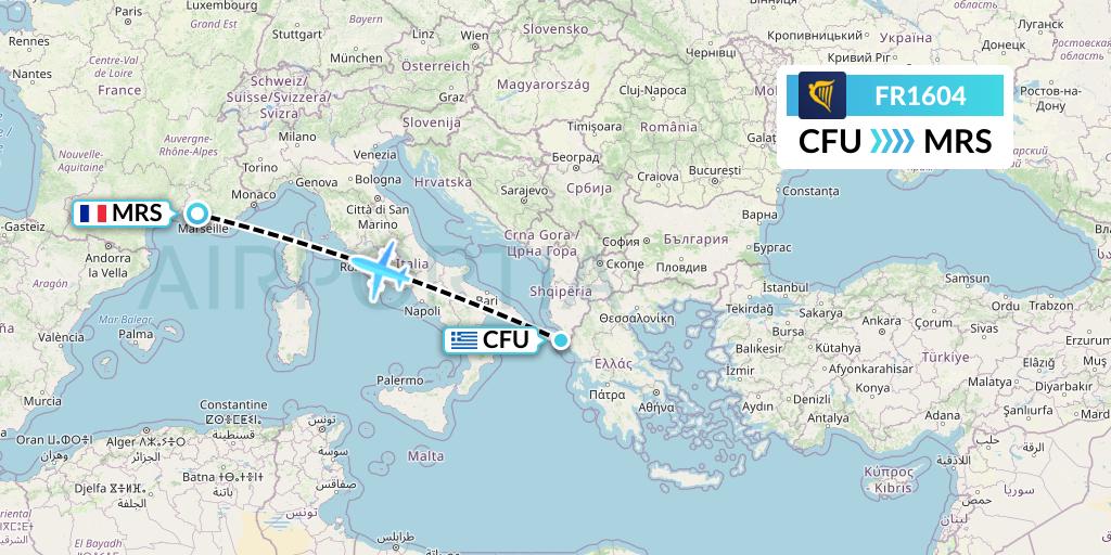 FR1604 Ryanair Flight Map: Corfu to Marseille