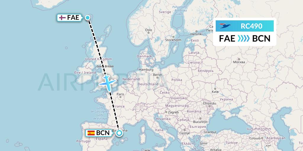 RC490 Atlantic Airways Flight Map: Vagar to Barcelona