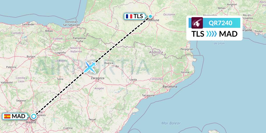 QR7240 Qatar Airways Flight Map: Toulouse to Madrid