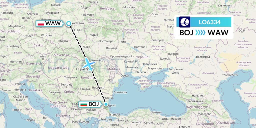 LO6334 LOT Flight Map: Burgas to Warsaw