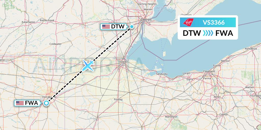 VS3366 Virgin Atlantic Airways Flight Map: Detroit to Fort Wayne