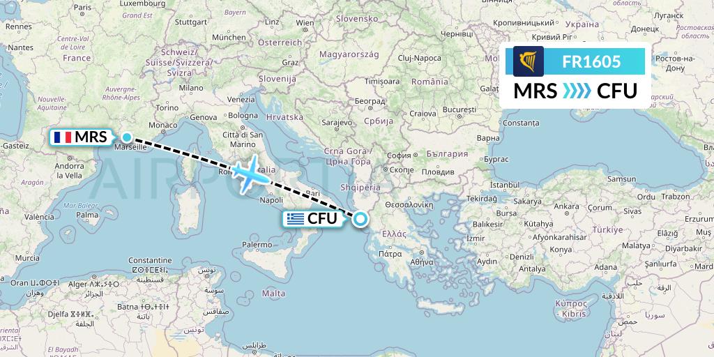 FR1605 Ryanair Flight Map: Marseille to Corfu