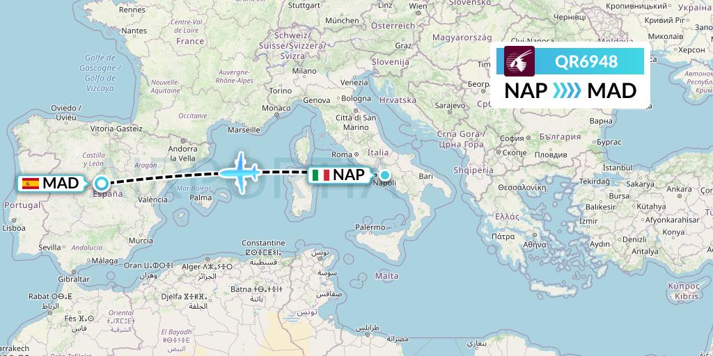 QR6948 Qatar Airways Flight Map: Naples to Madrid