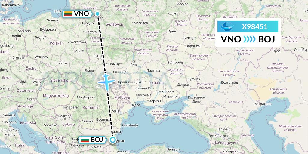 X98451 Avion Express Flight Map: Vilnius to Burgas