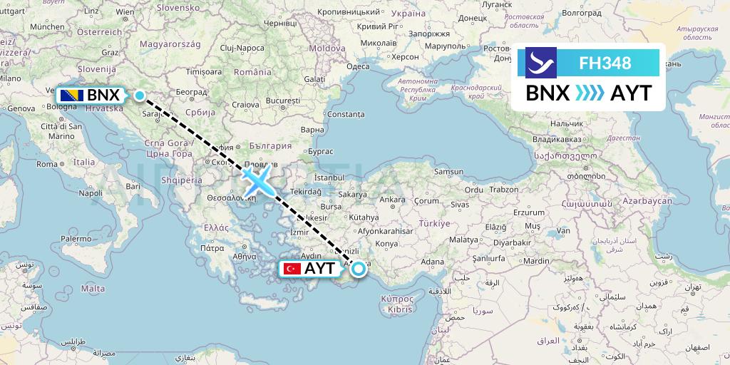 FH348 Freebird Airlines Flight Map: Banja Luka to Antalya