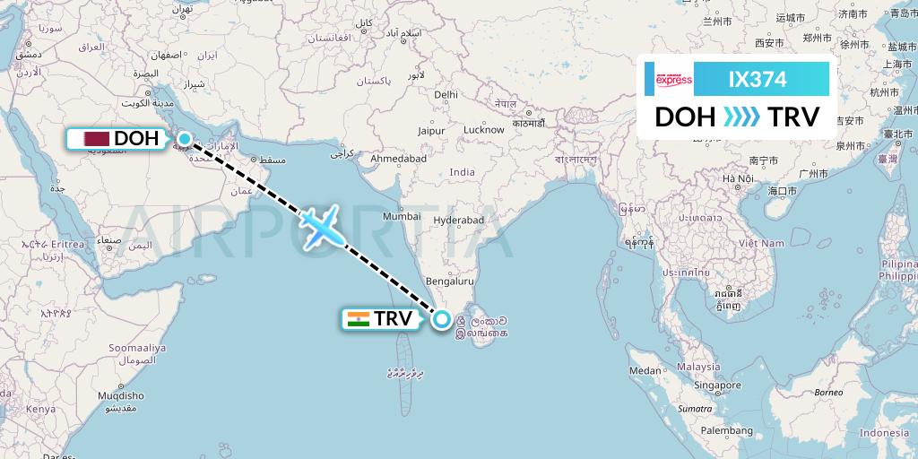 IX374 Air India Express Flight Map: Doha to Thiruvananthapuram