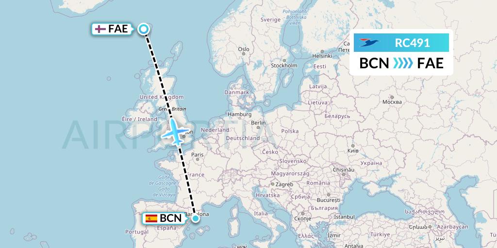 RC491 Atlantic Airways Flight Map: Barcelona to Vagar
