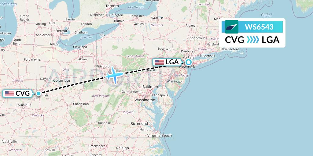 WS6543 WestJet Flight Map: Cincinnati to New York