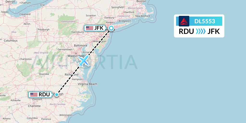 DL5553 Delta Air Lines Flight Map: Raleigh-Durham to New York