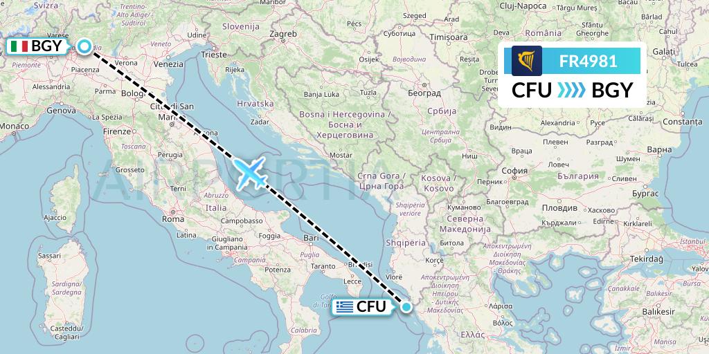 FR4981 Ryanair Flight Map: Corfu to Milan