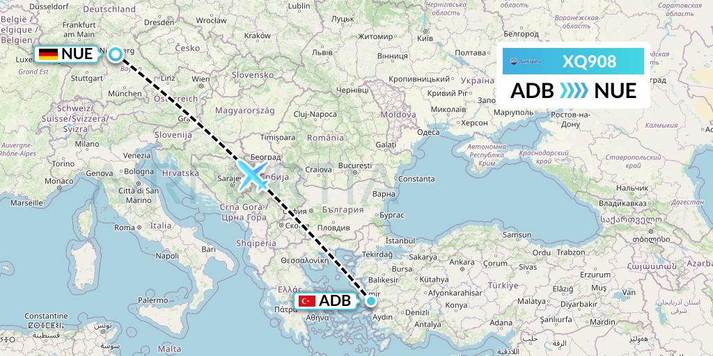 XQ908 SunExpress Flight Map: Izmir to Nurnberg
