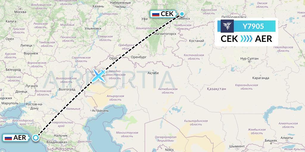 Y7905 NordStar Flight Map: Chelyabinsk to Sochi
