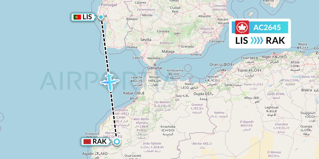 AC2645 Air Canada Flight Map: Lisbon to Marrakesh 