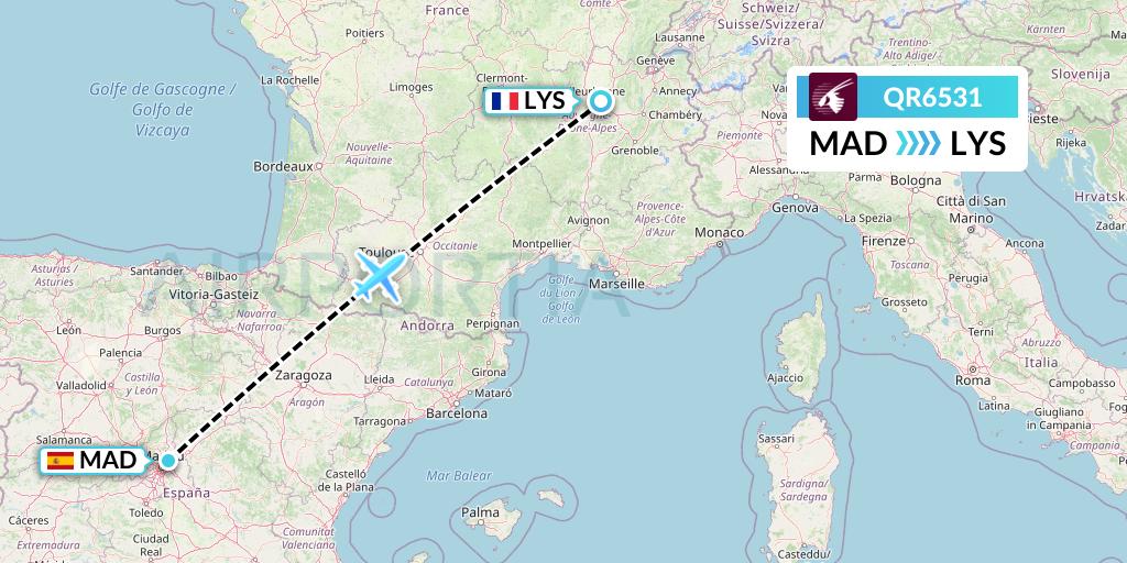QR6531 Qatar Airways Flight Map: Madrid to Lyon