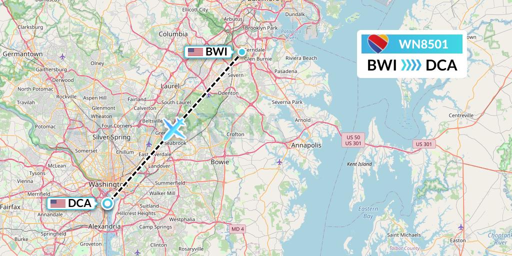 WN8501 Southwest Airlines Flight Map: Baltimore to Washington