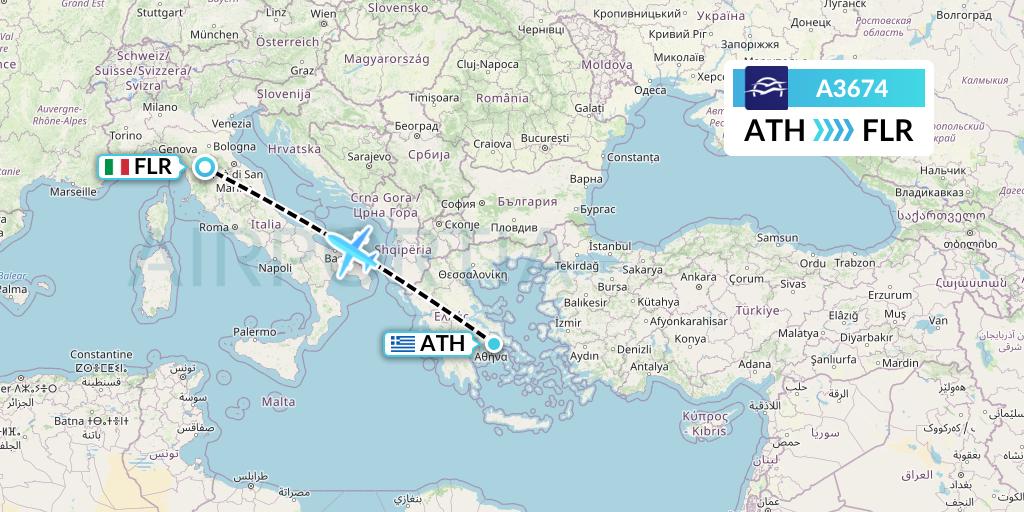 A3674 Aegean Airlines Flight Map: Athens to Florence