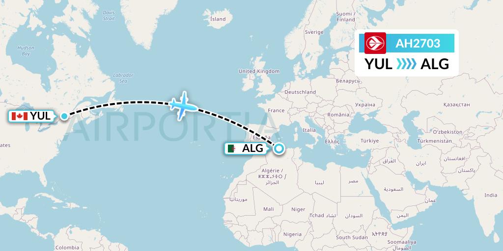AH2703 Air Algerie Flight Map: Montreal to Algiers
