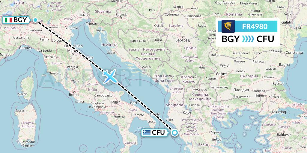 FR4980 Ryanair Flight Map: Milan to Corfu
