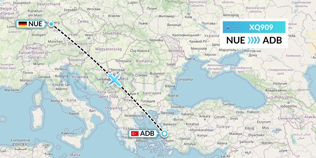 XQ909 SunExpress Flight Map: Nurnberg to Izmir